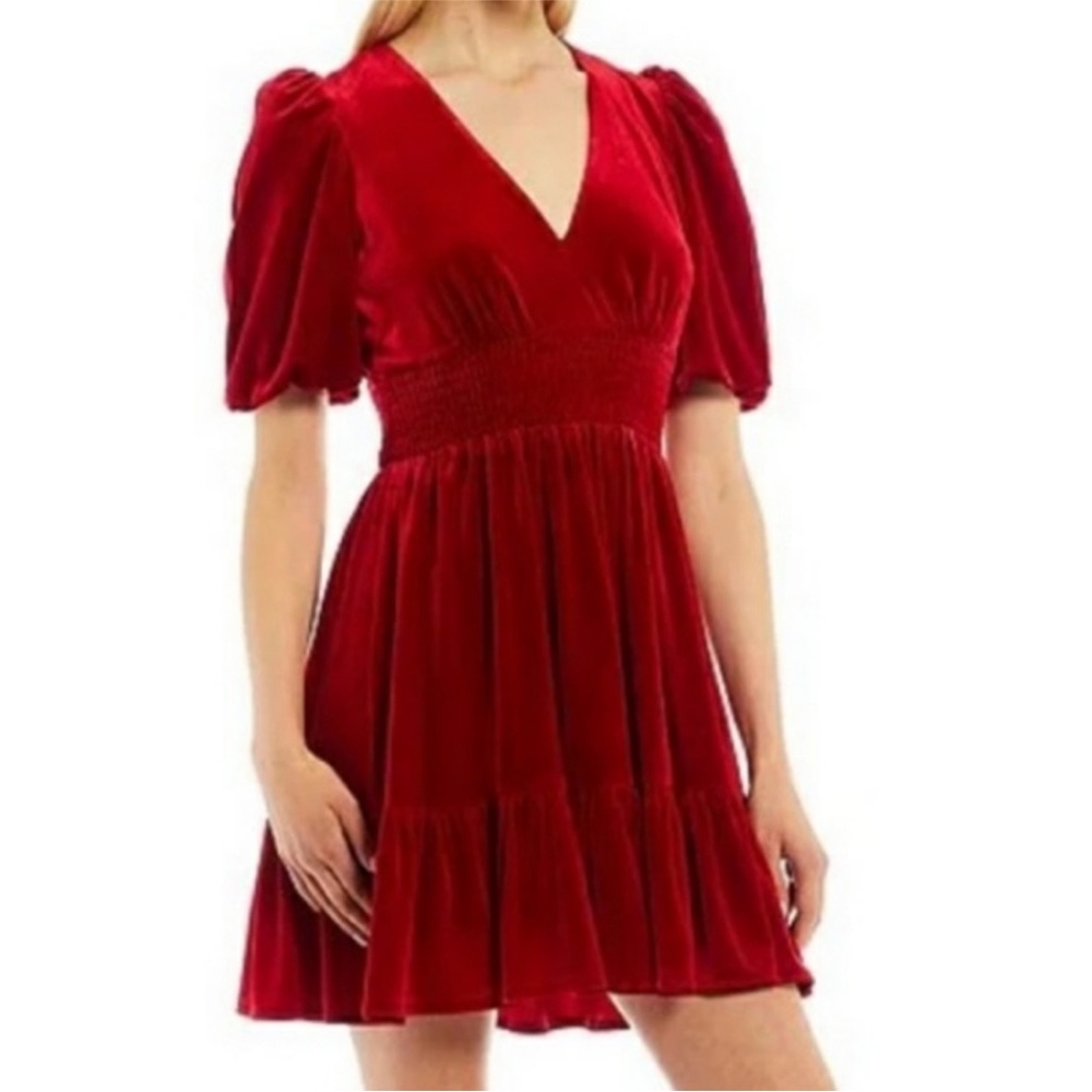 Antonio Melani Thelma Bubble Sleeve V-neck Smocked Waist Velvet Dress Size 8